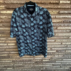 Nat Nast Men's Blue Silk Cotton Blend Hawaiian Palm Fronds Short Sleeve Shirt